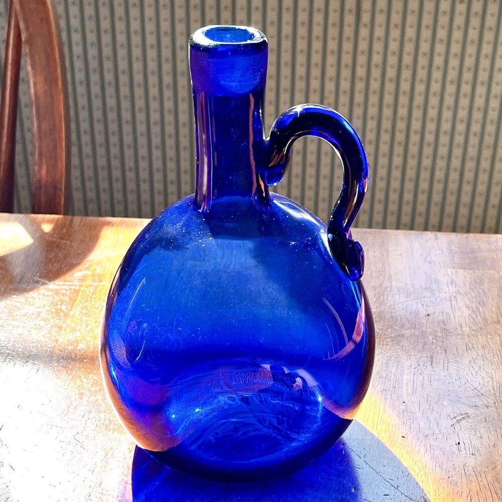 Hand Blown Cobalt Blue Glass Jug Applied Handle 7" Art Glass